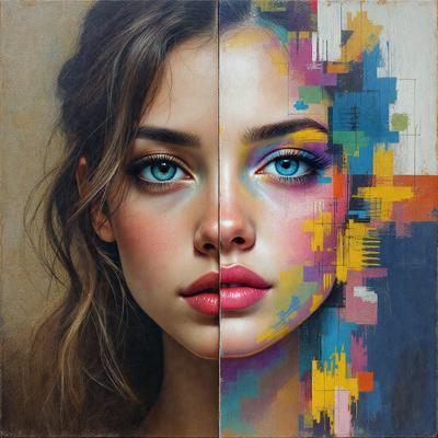 The primary subject of the image is a woman with blue eyes and a pink nose. She is depicted in two different styles, one as a painting and the other as a digital art. The setting is a painting of a woman's face, and the visual style is a combination of painting and digital art. The colors and mood of the image are vibrant and lively, with the woman's blue eyes and pink nose being the focal point.